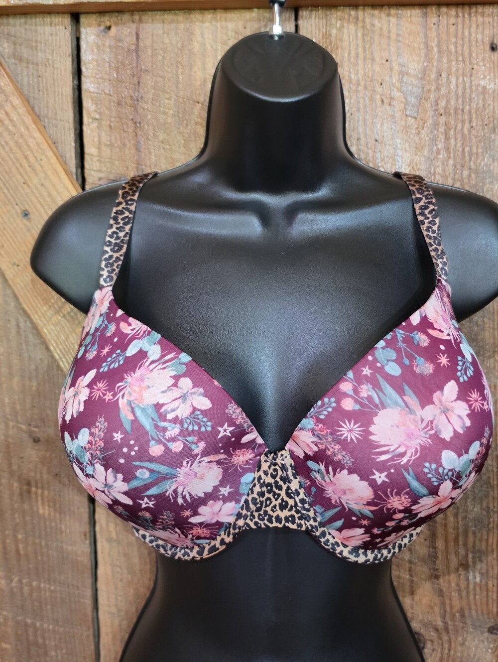 Victorias Secret Sexy Tee Demi Bra 38DDD Floral Satin Leopard Animal Print EUC